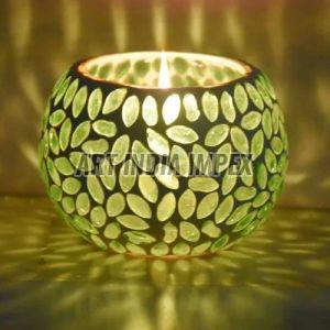 Light Green Glass Mosaic Round Votive Candle Holder, For Home Decoration