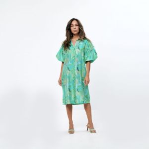 Digital Printed Cotton Balloon Sleeves Shirt Dress