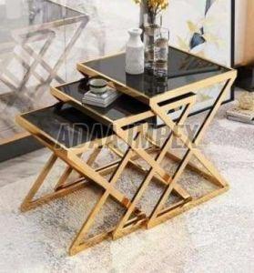 Golden Crisscross Frame Black Top Side Table Set