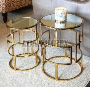 Golden Geometric Frame Glass Top Side Table Set