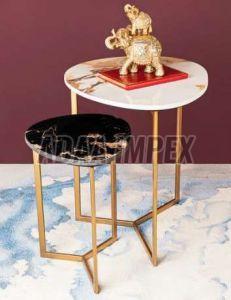 Golden Geometric Frame Marble Mix Top Side Table Set