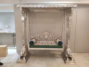 Lion Pillar Antique Metal Jhoola with Cushioned Seat