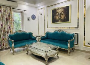 Teal Upholstery Silver Cladding Sofa Set