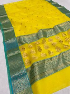 Pure Silk Floral Grid Yellow Banarasi Saree