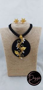 Ladies Black Floral Golden Pendant Jewelry Set