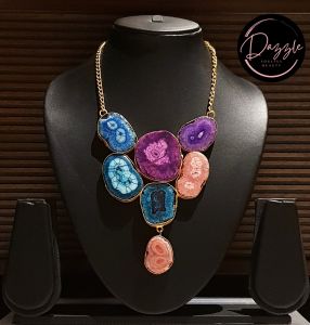 Ladies Multicolor Geode Slice Golden Statement Necklace
