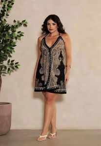 Printed Black Satin Cowl Neck Mini Dress