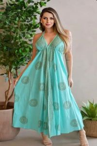 Casual Wear Light Green Printed Cotton V Neck Maxi Dress