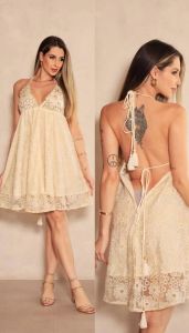 Cotton Cream Embroidered Halter Neck Mini Dress