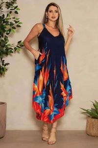 Ladies Blue Flower Printed Satin V Neck Maxi Dress