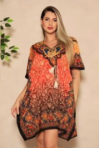 Ladies Orange Rayon Printed Kaftan Kurti