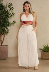 Ladies White Crochet Halter Neck With Palazzo Co-Ord Set