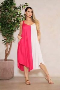 Pink and White Double Tone Cotton V Neck A-Line Midi Dress