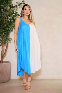 Sky Blue and White Double Tone Cotton V Neck A-Line Midi Dress