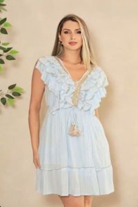 Sky Blue V Neck Frill Wrap Short Dress
