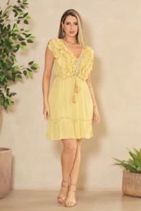 Yellow V-Neck Frill Wrap Short Dress
