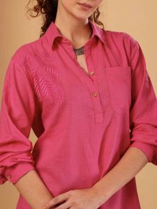 Pure Cotton Pink Linen Blend Embroidered Beach Shirt, Gender : Female