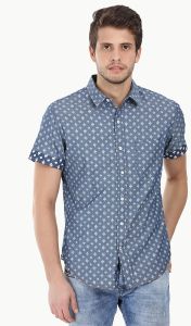 Men Indigo Denim Ikat Short Sleeve Shirt
