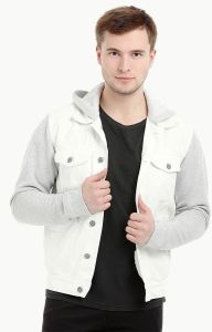 Mens Off Whiteknit Sleeves Twill Denim Hood Jacket