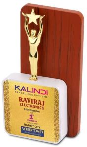 Small Metal Man Trophy With Star And Dual Wooden Stand