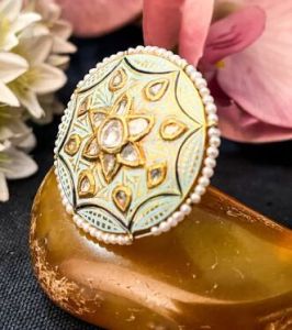 Polki Ring Coated With Mint Green Enamel