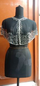 Silk Handmade Black Embroidered Cropped Cape Top, Top Style : Short