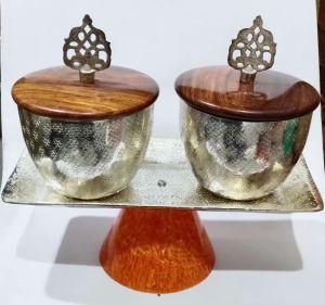 Wooden Lidson Stand Aluminium Tray Bowls Set