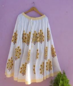 Ladies Cotton Pink Floral Hand Block Printed Long Skirt