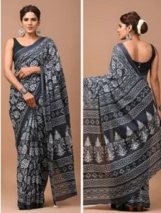 Ladies Navy Blue Hand Block Printed Cotton Saree