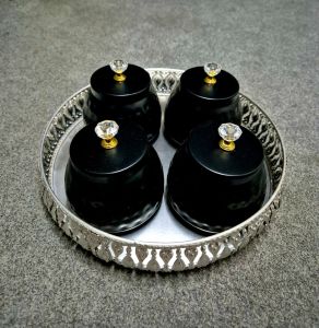 Polished Metal Jar with Round Tray, Color : Black, Metallic, Silver