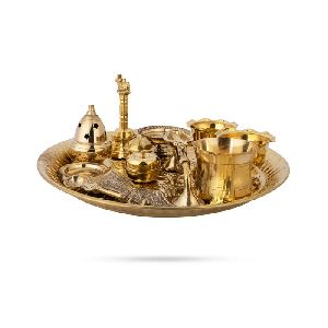 Giri Polished Brass Pooja Thali Set, Shape : Vessel Shape