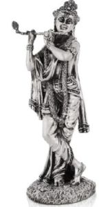 Flute Krishna Murti Standing On Base - Silver Idol