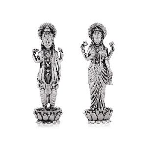 Standing Flower Base Pair Silver Vishnu Lakshmi Idol