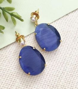 Gold-Toned Metal Sapphire & Elegant Oval Gemstone Earrings