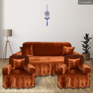 Leoaries Velvet Plain Sofa Cover  Frill Design  (Rust Orange Pack Of 3)