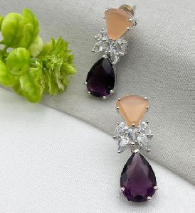 Silver Plated Earrings With Moonstone, Purple Amethyst Stones