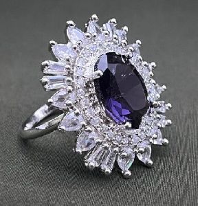 Silver-plated Purple Amethyst And Cz Oval Shape Adjustable Ring