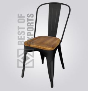 Outdoor Industrial Metallic Side Chair With Wooden Seat