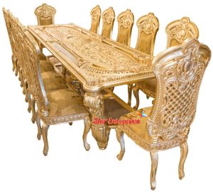 Wood Maharaja Carved Dining Table Set DNG-011, Color : Gold