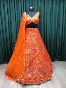 Orange Organza Ladies Lehenga Choli