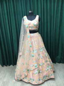 Peach Multi Sequins Net Ladies Lehenga