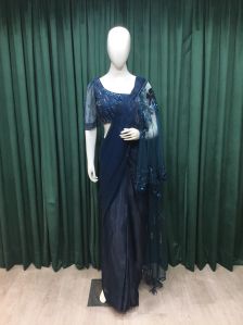 Teal Blue Tissue Organza Drape Ladies Saree