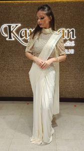 White Drape Pearl Embroidery Ladies Saree