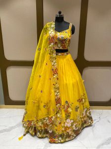 Yellow Organza Ladies Lehenga