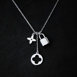 Clover And Lock Charm Womens Necklace