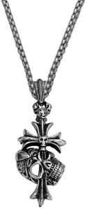 Double Skull Head Cross Mens Necklace