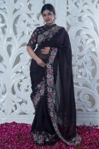 Bhavadharini Black Pure Silk Saree with Embroidery Work