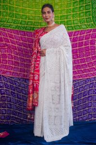 Sandhya White Pure Silk Saree with Chicken Kari Work