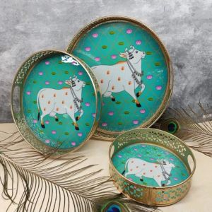 Gold Blue Pichwai Painting Trays