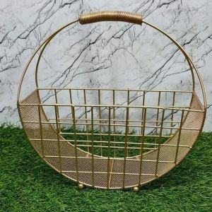 Golden Circular Iron Wire Mesh Cart Hamper Basket